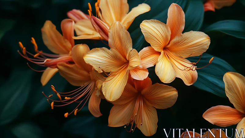 Golden Amaryllis Blooms Against Deep Teal Foliage