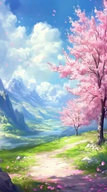 Blossom trail drifting toward sapphire mountains and sky.