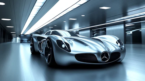 Futuristic Mercedes concept car rendered in dynamic tunnel lighting