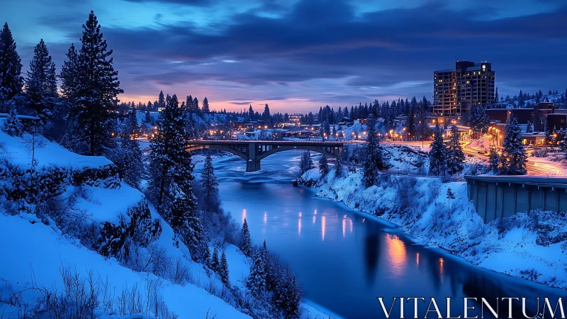 Twilight river corridor with illuminated winter bridge and skyline.