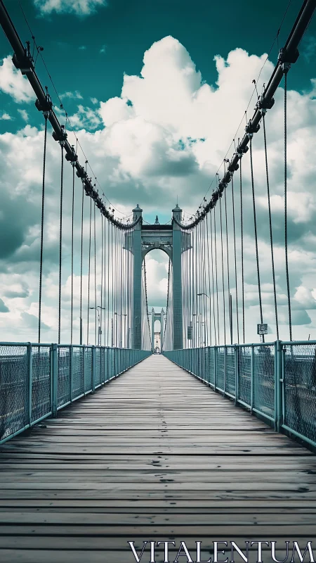 Suspension footbridge perspective with converging cables and teal sky