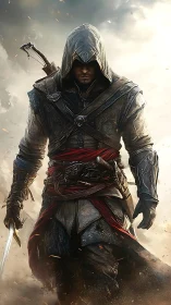 Hooded warrior strides through burning battlefield in armor