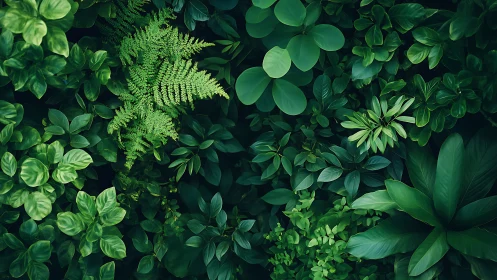 Dense overhead view of assorted tropical green foliage.