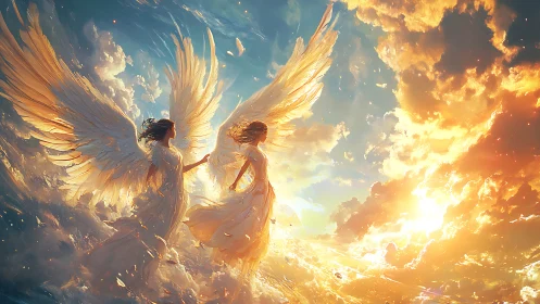 Two winged figures stand in backlit cloudscape at sunrise