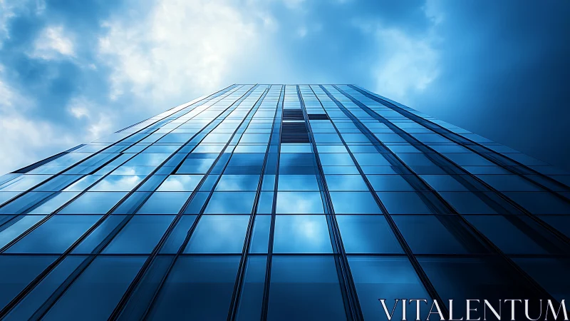 Glass skyscraper rises into moody blue sky reflections