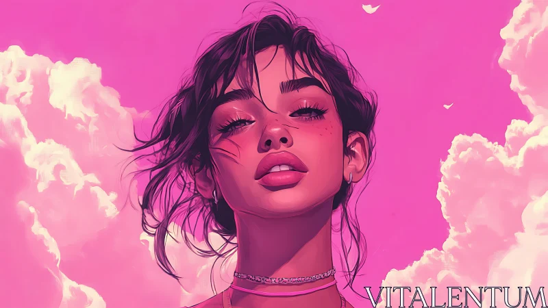 Dreamy pink sky portrait with confident, soft gaze.