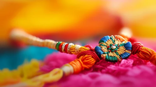 Colorful rakhi bracelet rests on vibrant festive fabric.