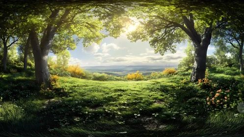 Forest clearing with valley vista, green canopy frame