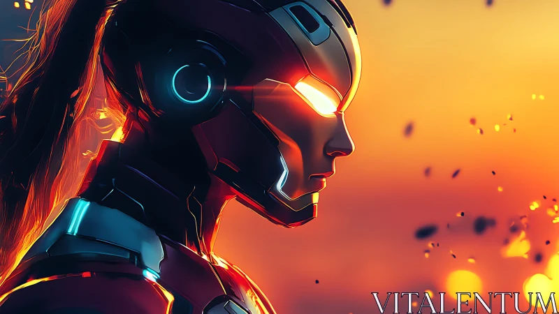 Cybernetic warrior profile glows against blazing sunset sky.