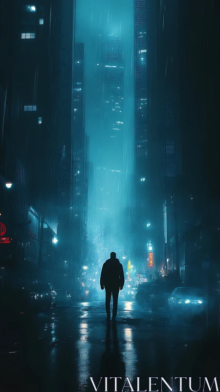 Solitary human figure walks through dense blue urban rainfall