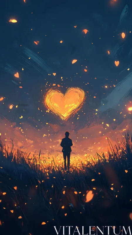 Luminous Heart in Nocturnal Field: Digital Surrealism Study.