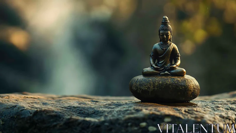 Meditating Buddha statue on stone in soft natural light.