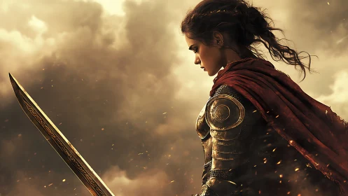 Battle ready warrior princess stands in a burning golden sky