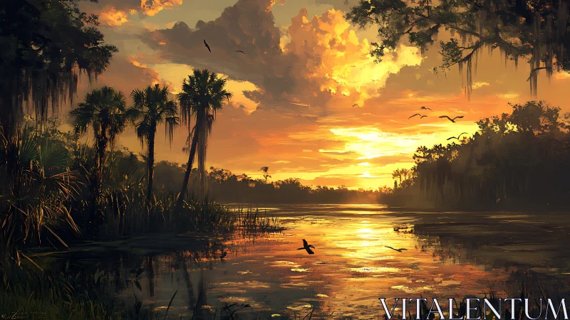 Sunset over palm-lined wetland with reflective water surface.