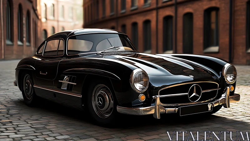 Classic black Mercedes coupe gleams on cobblestone street.