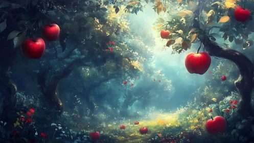 Spellbound orchard where glowing apples haunt the mist.