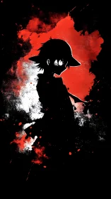 High-contrast anime silhouette isolated by splattered red field