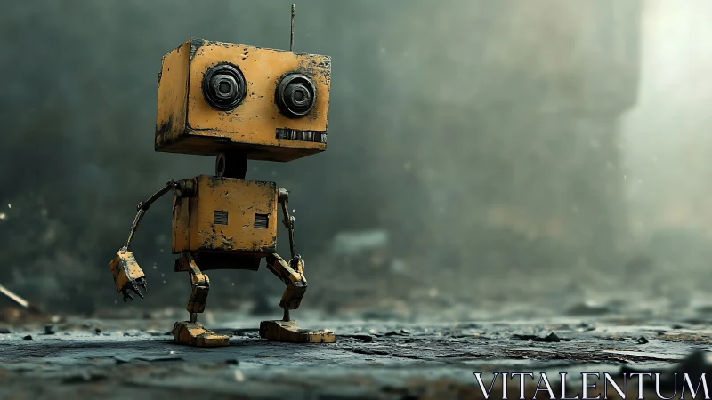 Boxy yellow robot explores desaturated post-apocalyptic street