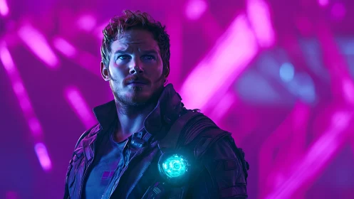 Cosmic guardian stands ready under glowing neon skies