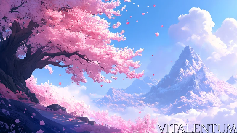 Aerial cherry canopy overlooking stratified alpine massif.