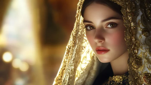 Regal portrait with gilded veil and luminous bokeh glow.