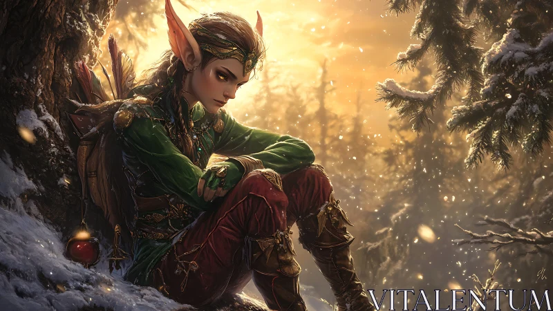 Quiet winter pause as an elven scout rests in glowing forest snow