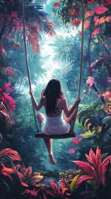 Girl on wooden swing in luminous neon jungle clearing.