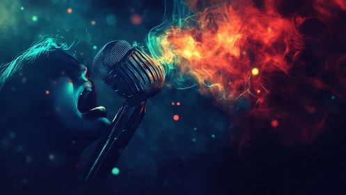 Vocal inferno ignites a retro mic in neon stormlight.