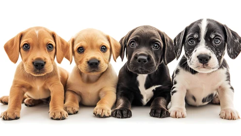 Four mixed coat puppies lying on white studio background.
