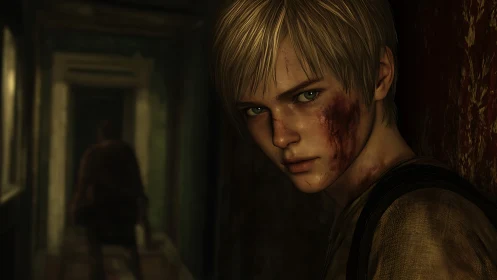 Injured youth hiding in dim corridor with cinematic depth of field