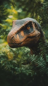 Predatory dinosaur head emerging from dense jungle ferns.