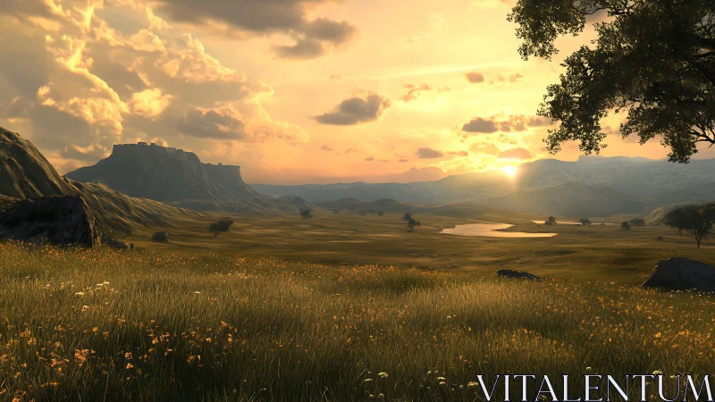Sunlit valley landscape shows distant plateau and small lake