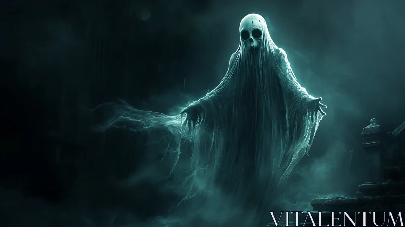 Ghostly wraith drifts through foggy ruins in eerie teal light