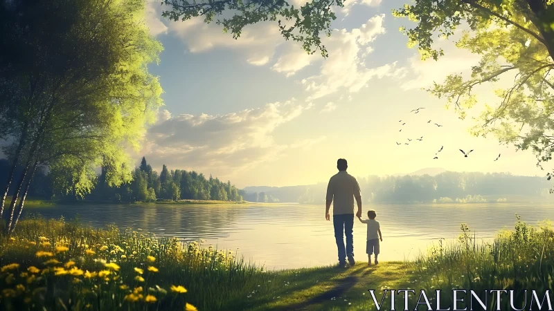 Sunlit lakeside walk with parent and child in soft haze.