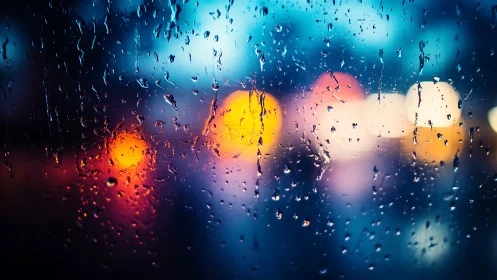 Rain-slicked window captures neon city lights in soft blur.