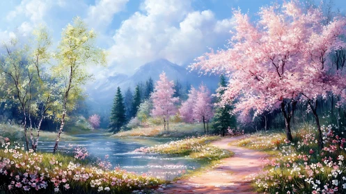 Spring blossom path curves beside tranquil mountain lake.