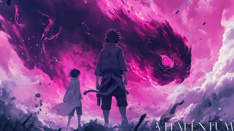 Two figures observe swirling pink energy vortex in sky.
