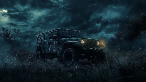 Storm-lit off-road beast waits, humming under haunted clouds