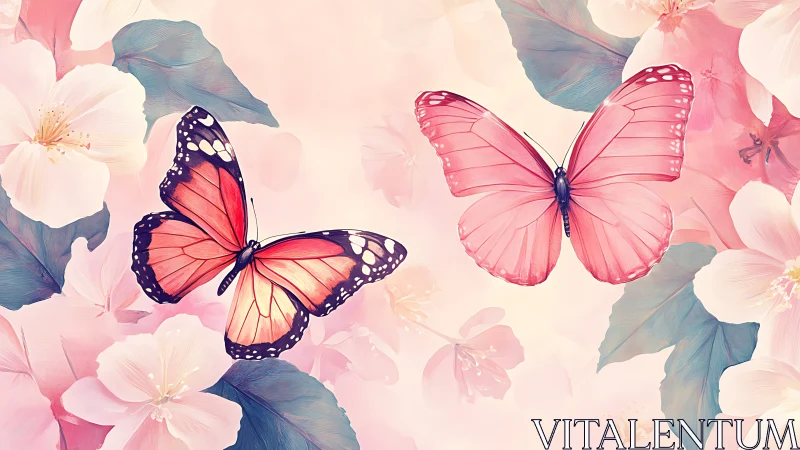 Pink butterflies among pale blossoms in soft focus scene.