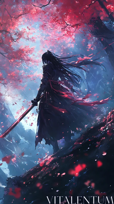 Backlit armored swordsman silhouettes under saturated crimson canopy