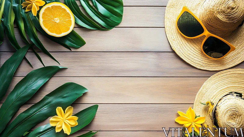 Sunny straw hats and citrus charms on a breezy wood table.