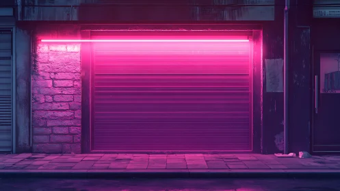 Neon-lit urban garage shutter in saturated magenta glow.