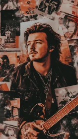 Moody guitarist portrait with collage of vintage concert prints