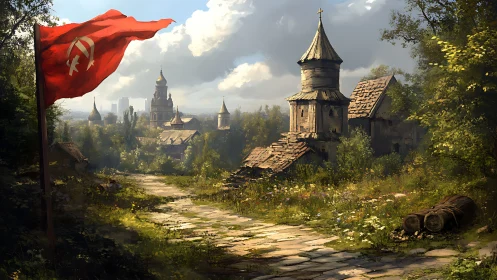 Sunlit village path winds past church and red banner