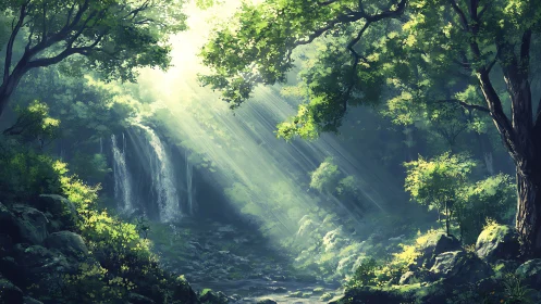 Luminous Forest Cascade with Volumetric Light Rays Penetrating Dense Foliage.
