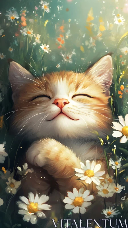 Contented Cat Surrounded by Blooming Flowers