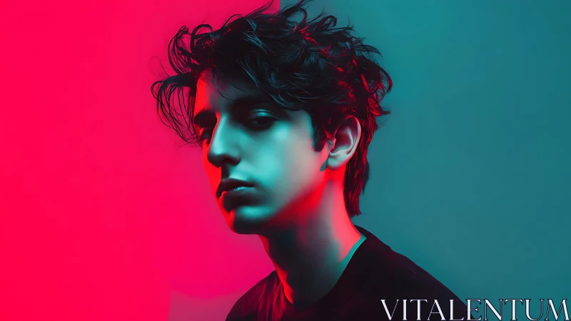 Neon-shadowed youth caught between cyan calm and crimson fire.