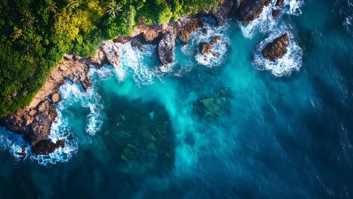 Coastal formations with turbulent waters and dense vegetation.
