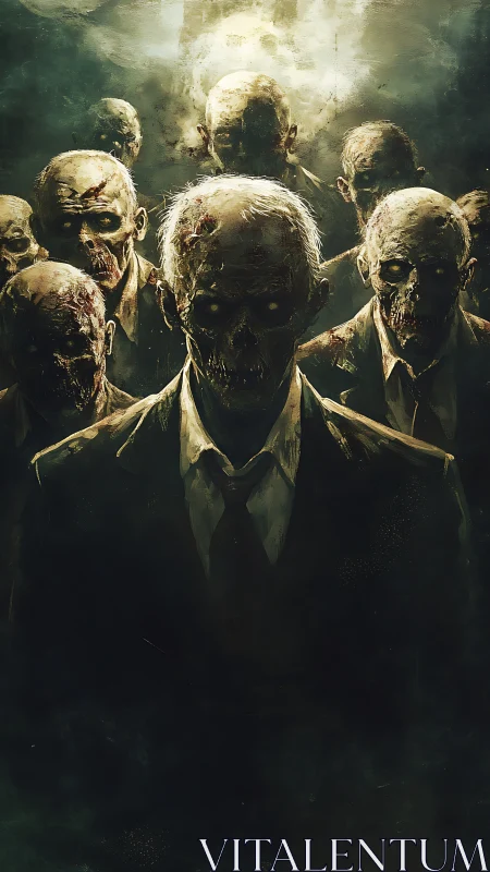 Undead businessmen advance from a foggy, desolate void.