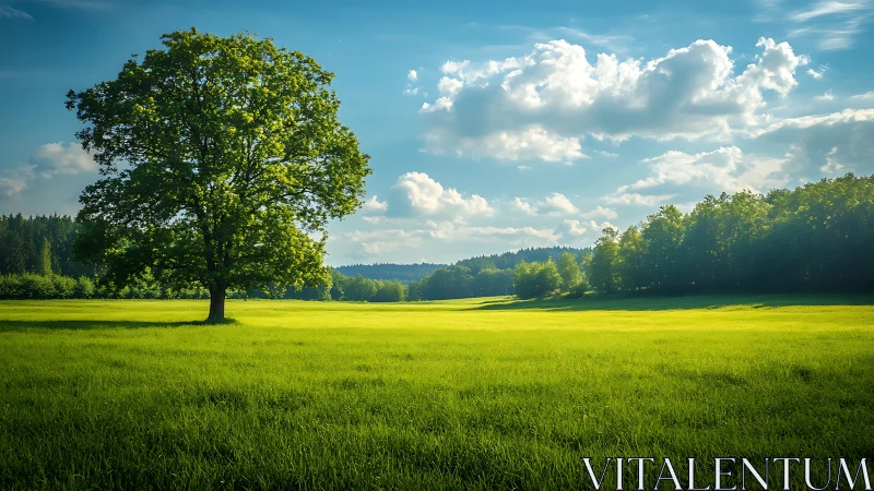 Solitary deciduous tree in open grass meadow under daylight.